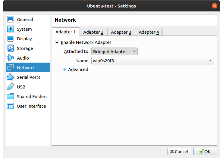 This is where you can change the network adapter to bridged so that you have bi-directional network access between the Ubuntu Virtual Machine and your Windows or OSX OS