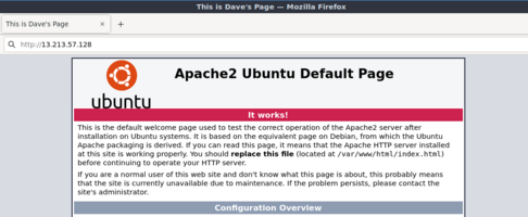 Accessing your Apache webpage in EC2, note that we had to prepend http:// to the IP address as by default modern web browsers will look for https://