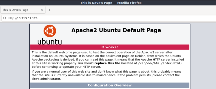 Accessing your Apache webpage in EC2, note that we had to prepend http:// to the IP address as by default modern web browesers will look for https://