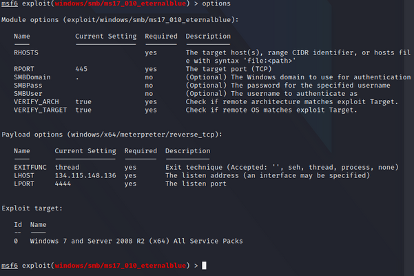 Metasploit options