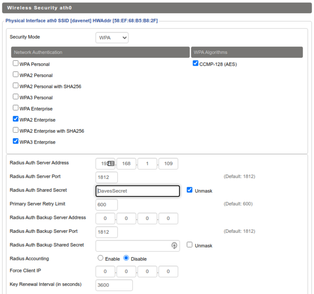 The configuration on your AP will look something like this. Remember to point your AP at your RADIUS server and to match up those keys