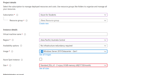 Make sure it is under Azure for Students - you wouldn't want to pay the $217.50 per month