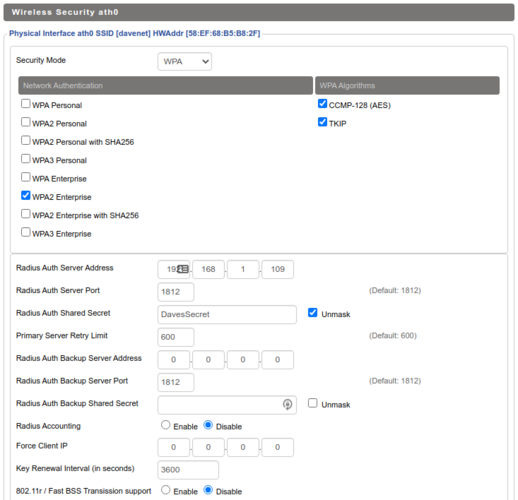 The configuration on your AP will look something like this. Remember to point your AP at your RADIUS server and to match up those keys